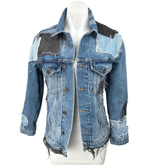The Ragged Priest Women's Blue Patchwork Oversized Denim Jean Jacket Size S - Picture 1 of 8